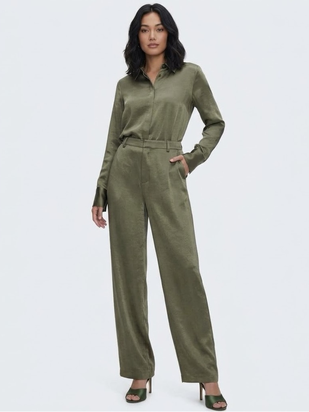 Good American Size 4 / 27 Olive Green Satin Wide Leg High Rise Trouser Pant 4/27